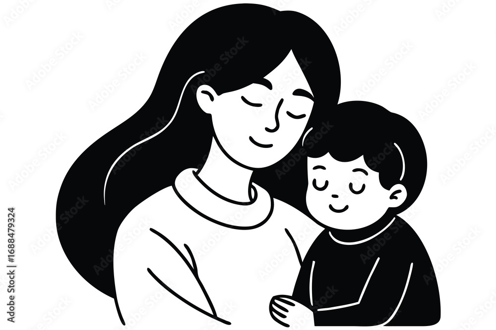 Fototapeta premium Mother and Child Embrace Illustration in Black and White, Minimalist Style