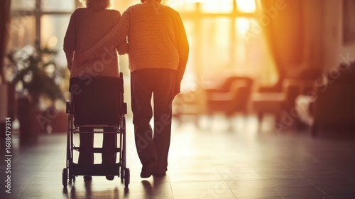 representing mobility challenges in aging, blurred background of a warm home setting, space for text