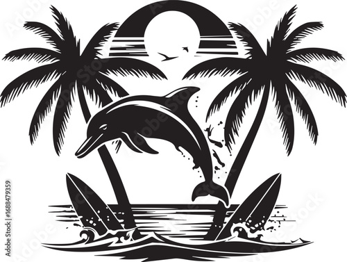 Dolphin Surfing by Palm Tree: A stylized illustration showcasing a leaping dolphin, framed by palm trees and surfboards, captures the spirit of sun-drenched coastal adventures.