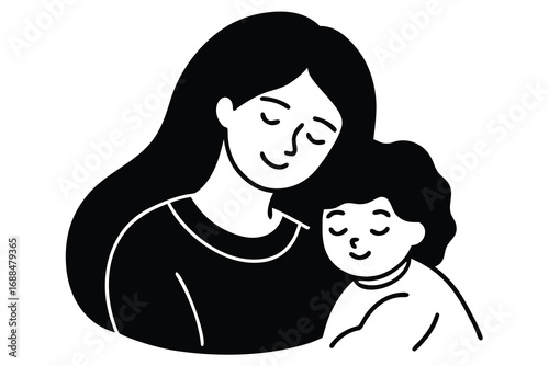 Mother embracing child lovingly, black and white illustration of maternal affection and bonding