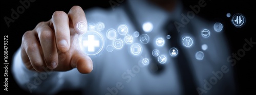 Interactive Medical Interface with Diagnostic Icons and Touch Activation - Healthcare Technology Innovation, Telemedicine Concept, Digital Patient Care System