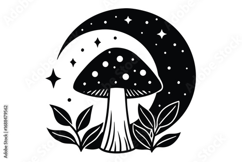 Mystical Mushroom with Moon and Stars, Black and White Illustration for Fantasy Designs