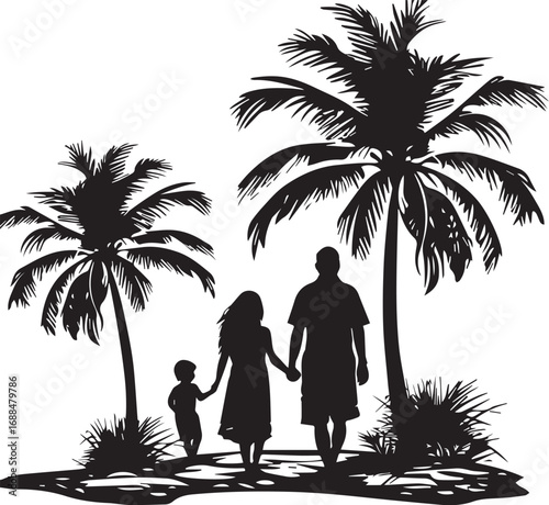 Family silhouette at the beach: This illustration captures a tender moment. A family of three strolls hand-in-hand along a tropical beach path lined with swaying palm trees.