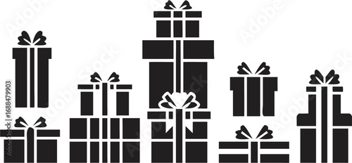 Illustration of multiple gift boxes with ribbons in various sizes and arrangements on a white background | editable eps vectors silhouette