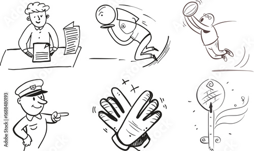Vector art of set of handdrawn doodle icons depicting people and objects in various scenarios