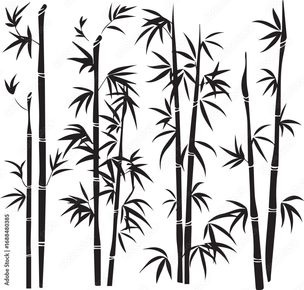 Obraz premium Elegant Bamboo Silhouettes: A minimalist artwork of bamboo stalks and leaves, rendered in striking black and white. Symbolizing resilience and grace.