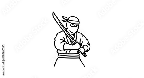 A simple black and white line art illustration of a masked ninja warrior holding a katana sword in a ready stance.