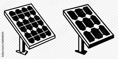 Two solar panels depicted in black and white showing renewable energy sources and sustainable technology | editable eps vectors silhouette