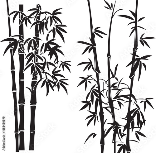 Bamboo Silhouette: Elegant bamboo stalks, leaves artfully arranged against a stark canvas, exuding a sense of calm, harmony and simplicity in design.