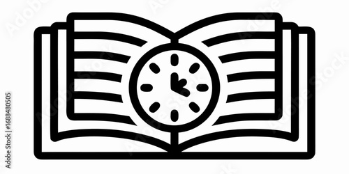 An open book with a clock face in the middle representing time management and reading schedule planning | editable eps vectors silhouette