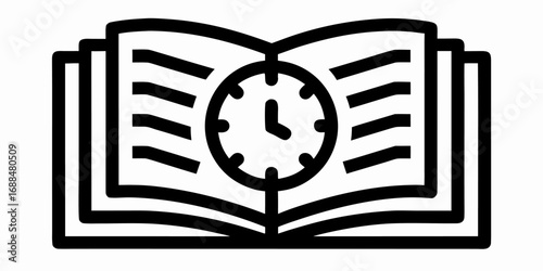 Open book with a clock face in the center showing the time in a monochrome line art illustration | editable eps vectors silhouette