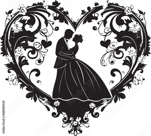 Eternal Embrace: A romantic silhouette of a newlywed couple, embraced by a heart-shaped frame, symbolizing everlasting love and commitment. This artwork is perfect for expressing affection, joy.