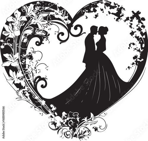 Elegant Nuptials: An intimate silhouette captures the loving embrace of a couple, nestled within a beautifully crafted heart, symbolizing love and the joyous promise of matrimony.
