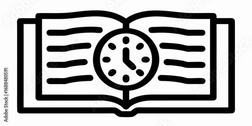 Open book with clock in the center showing time reading concept and learning time management skill | editable eps vectors silhouette