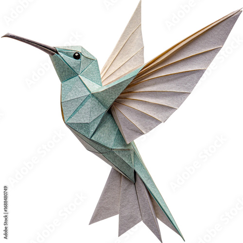 Elegant teal and cream origami hummingbird artfully crafted, poised for flight, symbolizing creativity and delicate beauty.