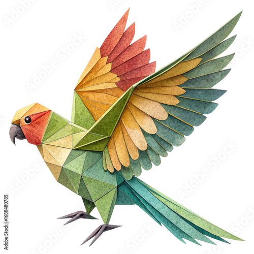 Vibrant origami parrot in flight, a striking geometric design evoking nature's artistry and a sense of freedom