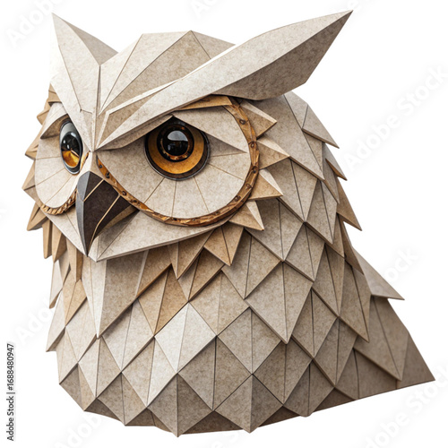 Stunning geometric owl sculpture crafted from paper showcases intricate origami design with wise, observant eyes, perfect for creative projects.