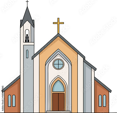 Front View Traditional Church with Bell Tower and Cross – Colorful Vector Illustration