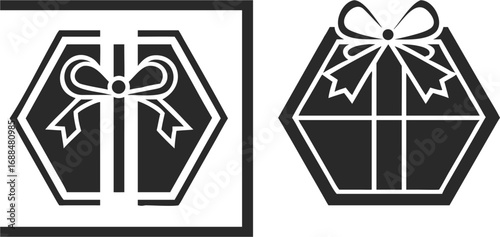 Two hexagon gift boxes with ribbons and bows in black and white illustration vector design art | editable eps vectors silhouette