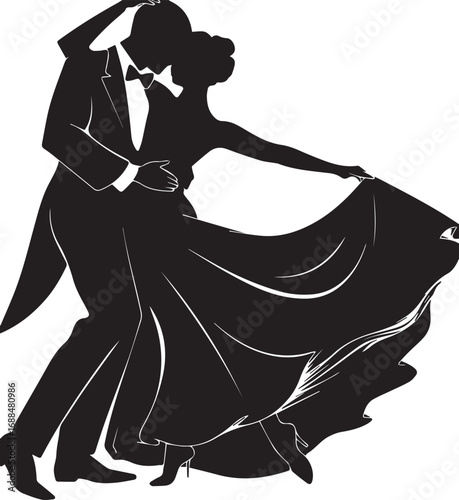 Elegant Dance Silhouette: A captivating black silhouette of a couple engaged in a graceful ballroom dance, their forms intertwined in a classic embrace, showcasing movement and elegance.