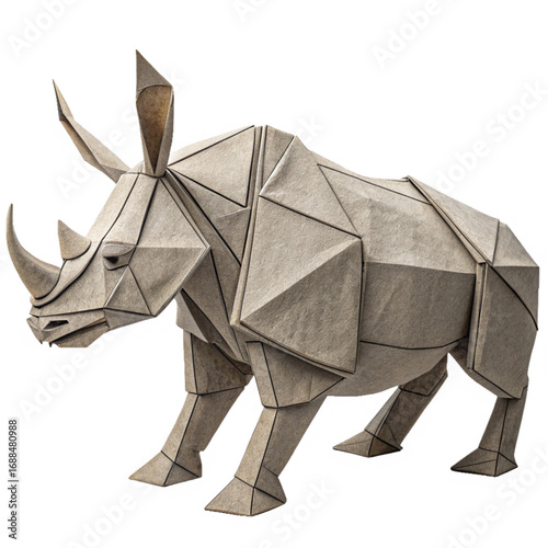 Stunning geometric origami rhinoceros sculpture crafted from textured paper, showcasing intricate folds and powerful artistic expression.