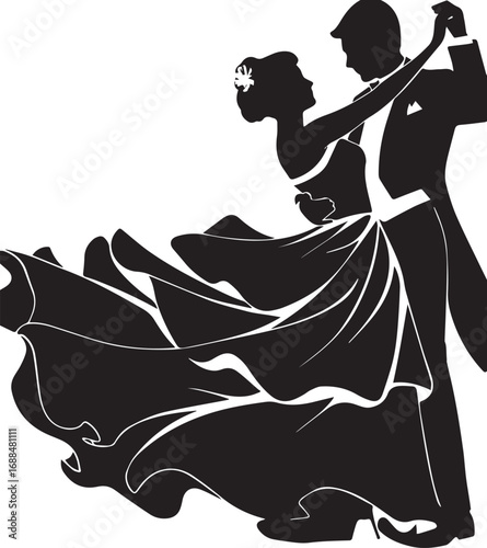 Elegant Dance Silhouette: In a ballroom, a couple glides gracefully in a dance embrace, their silhouettes conveying the timeless romance of music and rhythm.