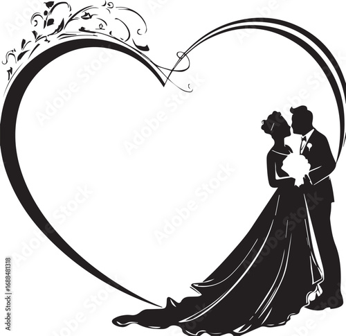 Eternal Love: A romantic silhouette of a couple's embrace, framed by an elegant heart, celebrates the blissful union of two hearts, symbolizing lasting love.