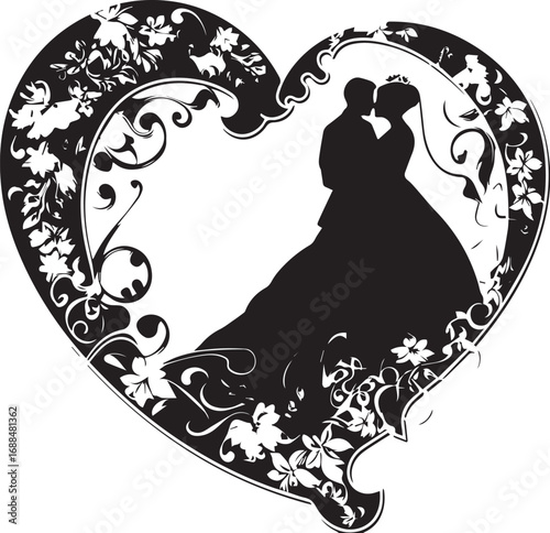 Eternal Silhouette of Love: An elegant silhouette captures a tender moment of a newlywed couple, embraced within a beautifully intricate heart-shaped frame.
