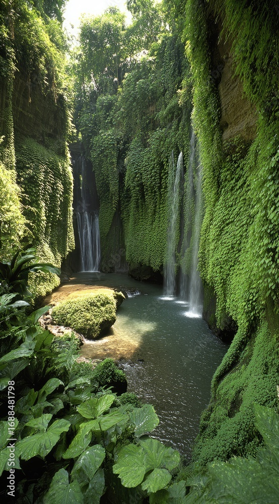 Naklejka premium Lush green foliage clings to canyon walls where two waterfalls cascade into a clear pool. Sunlight filters through the dense canopy above