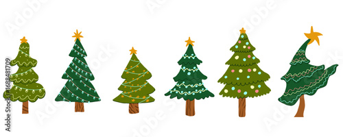 Hand drawn vector set of Christmas trees decorated with Christmas balls and luminous garlands.