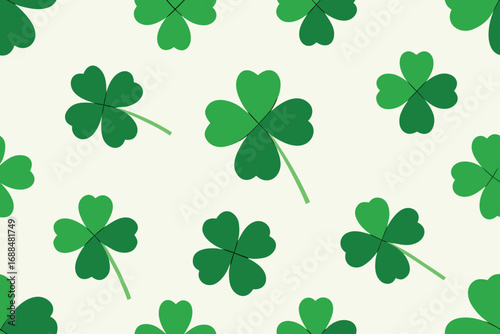 Shamrock Pattern Green Four Leaf Clovers on Pale Background, Irish Luck and St. Patrick's Day