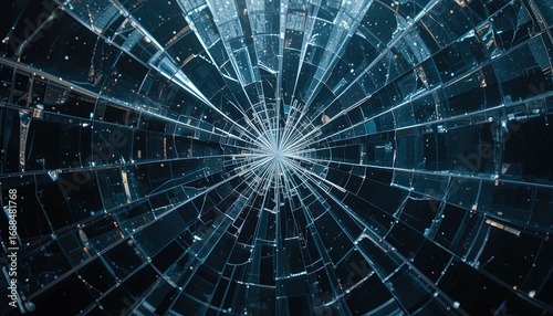 A detailed close-up view of shattered glass, exhibiting a radial pattern of fragments against a dark background.
