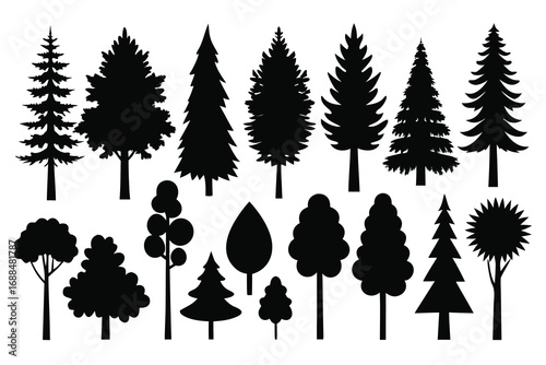 Silhouette Collection of Different Tree Types Pine, Broadleaf, and Unique Shapes Isolated on White