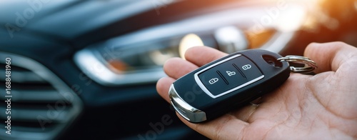 The Car Key Fob Held in a Hand in Front of a Blurred Headlight