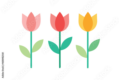 Simplified Three Tulips in Different Colors, Illustrated with Geometric Shapes on White Background