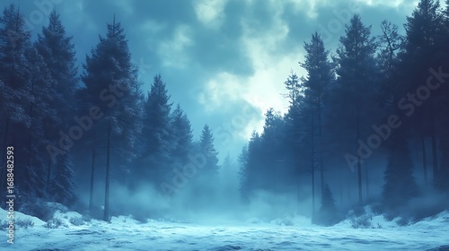 A snowy forest landscape with tall trees and fog illuminated by light from the sky above the trees