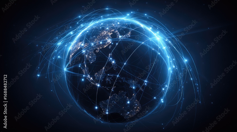 Obraz premium Global network connections depicted on a digital representation of the Earth.