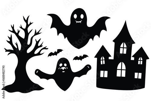 Spooky Halloween Silhouettes Haunted House, Bare Tree, Bats, and Cute Ghosts Clip Art