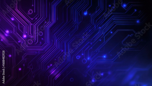 Abstract circuit board pattern in deep purple and blue.  Intricate glowing pathways and points of light create a complex, technological design