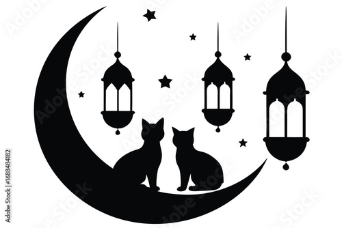 Two Black Cats on a Crescent Moon with Lanterns and Stars Silhouette