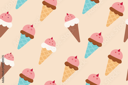 Whimsical Ice Cream Cone Seamless Pattern Pastel Background with Pink and Chocolate Flavors