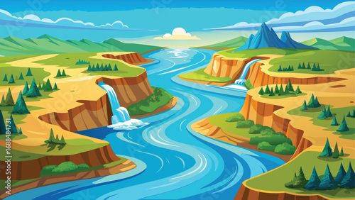 Summer scenery of green rural countryside with a view of a tranquil river under a bright blue sky with fluffy clouds