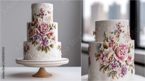 A chic wedding cake with hand-painted floral designs, creating a unique and personalized touch for a modern wedding celebration