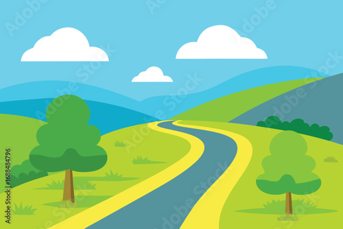 Winding Cartoon Road Through Green Hills with Trees, Blue Sky and White Clouds