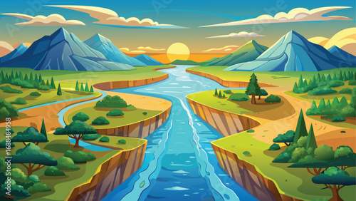 Summer landscape with green hills and a blue sky reflecting in the clear water of a mountain lake
