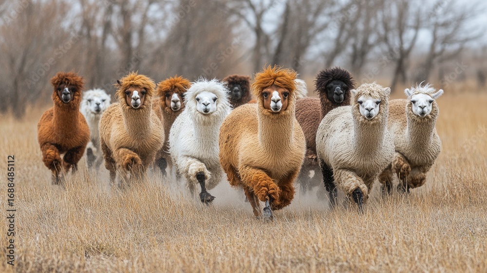 Fototapeta premium A herd of llamas is running through a dry field, kicking up dust in a dynamic composition.