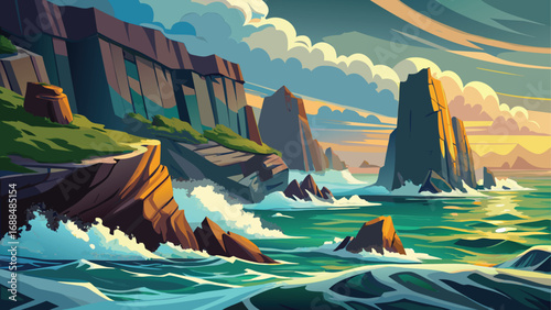 Vector illustration of a serene mountain landscape at sunset, with a tranquil lake reflecting the colorful sky