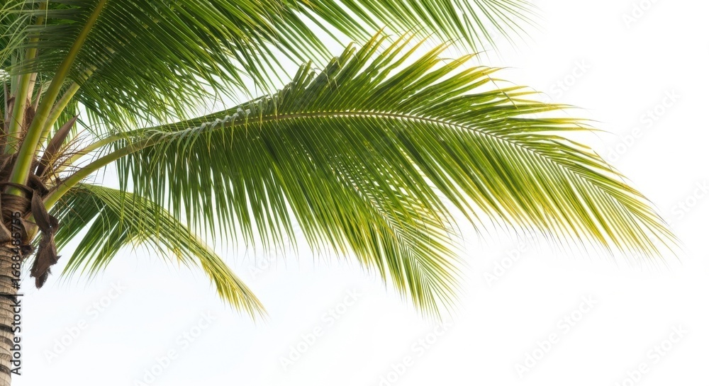 Fototapeta premium Close up of a lush green palm tree frond against a white sky