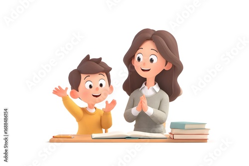 A smiling female parent clapping hands to encourage her son while doing homework, family support scene, 3d animation, isolated on a white background