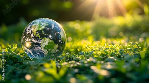 Earth globe resting on green grass with sunlight shining through the trees in the background scene outdoors